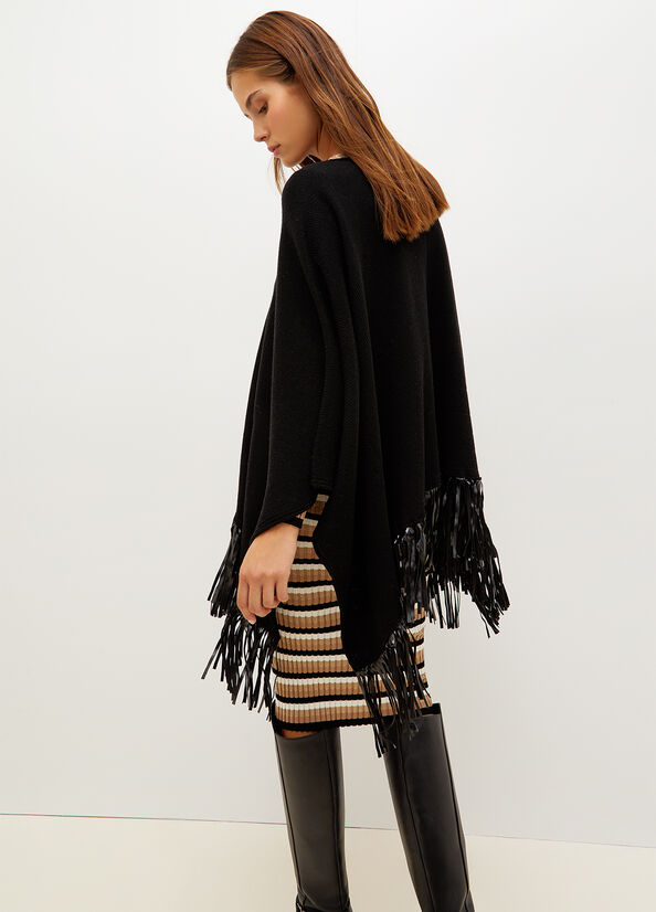 Abrigos Liu Jo Poncho With Fringes Mujer Negras | LIR-092415