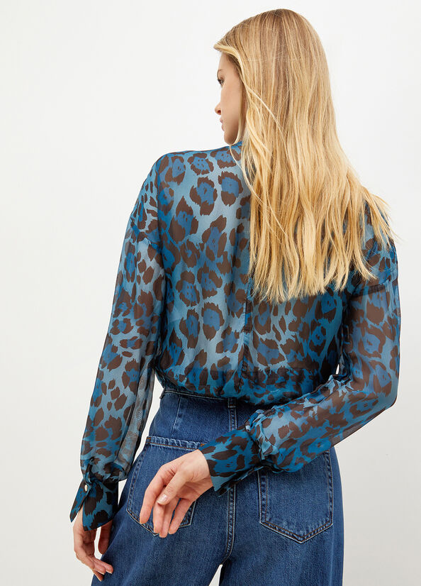 Camisas Liu Jo Animal-Print Chiffon Blouse Mujer Azules | GOL-905178