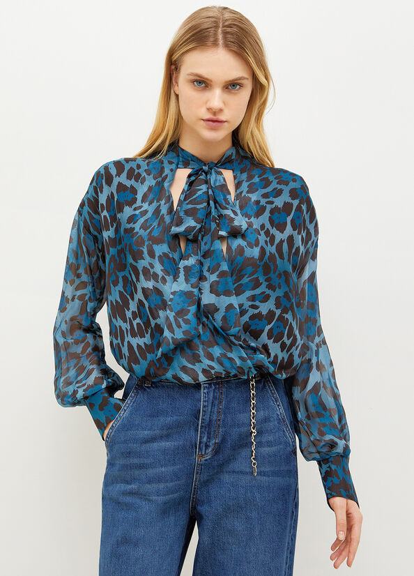 Camisas Liu Jo Animal-Print Chiffon Blouse Mujer Azules | GOL-905178