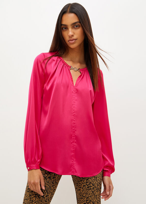 Camisas Liu Jo Satin Blouse With Jewel Logo Mujer Fucsia | QHO-908361