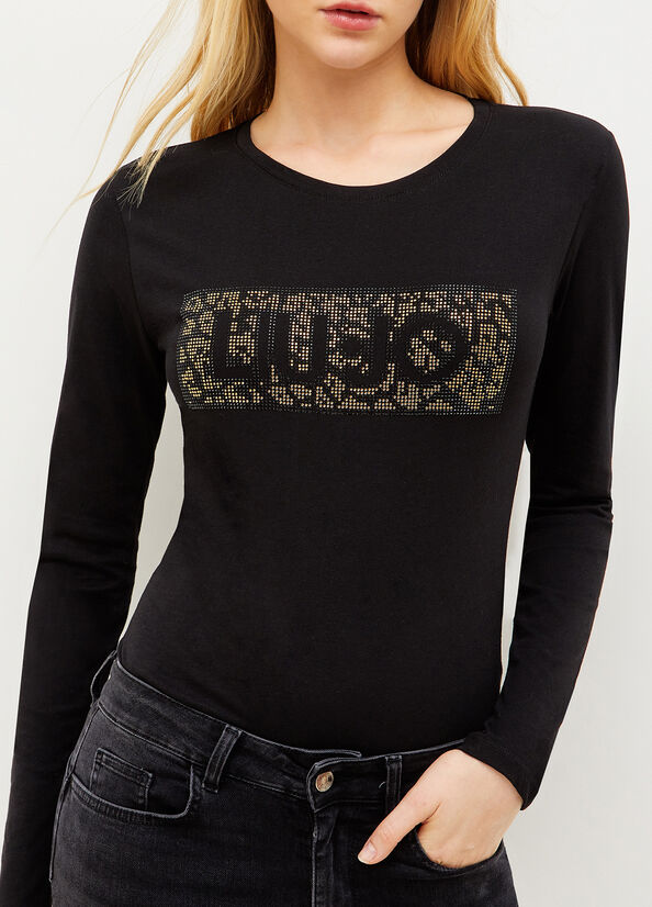 Camiseta Liu Jo Algodon With Logo Mujer Negras | NMQ-651834