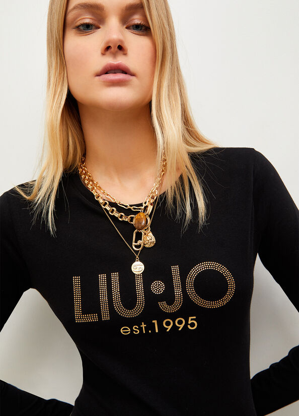 Camiseta Liu Jo Algodon With Logo Mujer Negras | QYG-213459