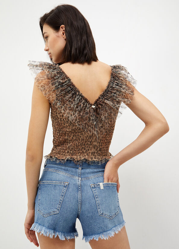 Camiseta Liu Jo Animal-Print Tulle Mujer Leopardo | HYE-280154