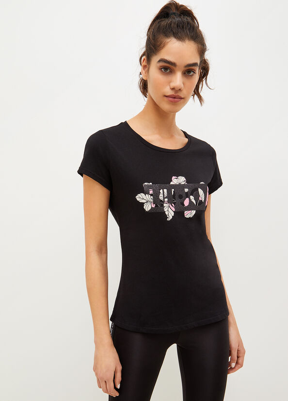 Camiseta Liu Jo Eco-Friendly With Logo Mujer Negras | QOX-259681