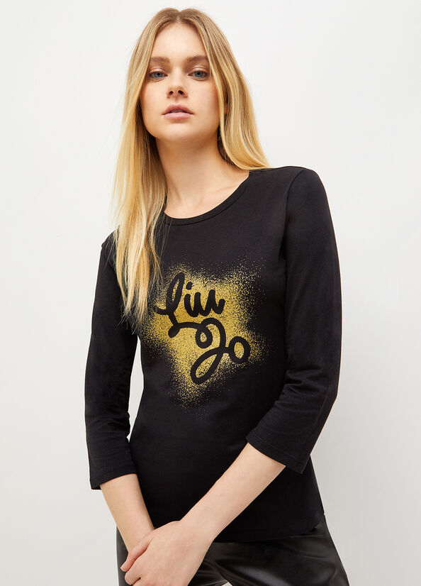 Camiseta Liu Jo Eco-Friendly With Logo Mujer Negras | YWO-721480