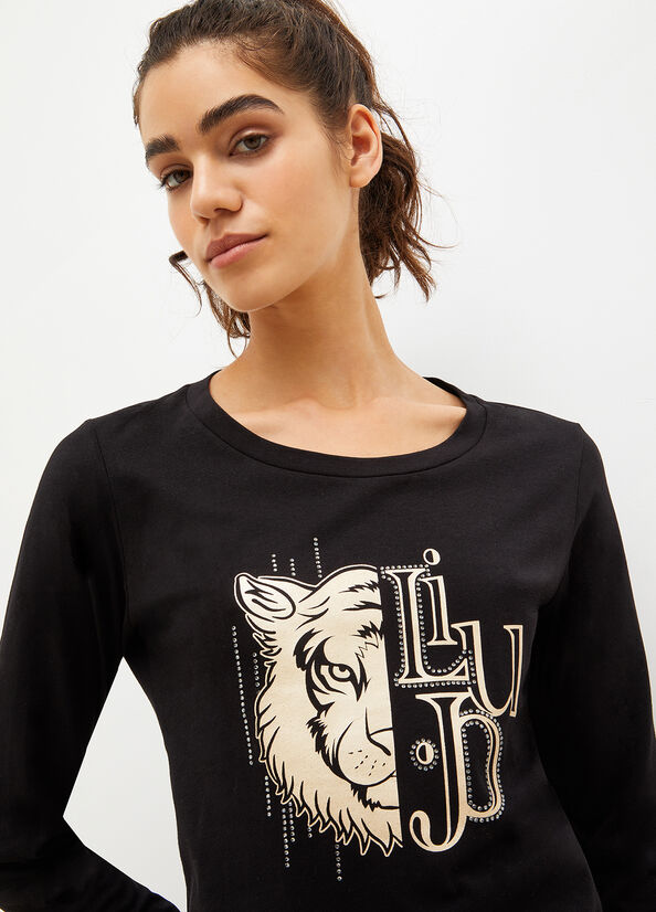 Camiseta Liu Jo Eco-Friendly With Print And Gemstones Mujer Negras | ONH-710836