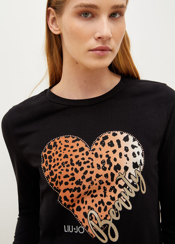 Camiseta Liu Jo With Animal-Print Heart Mujer Negras | GXB-476932