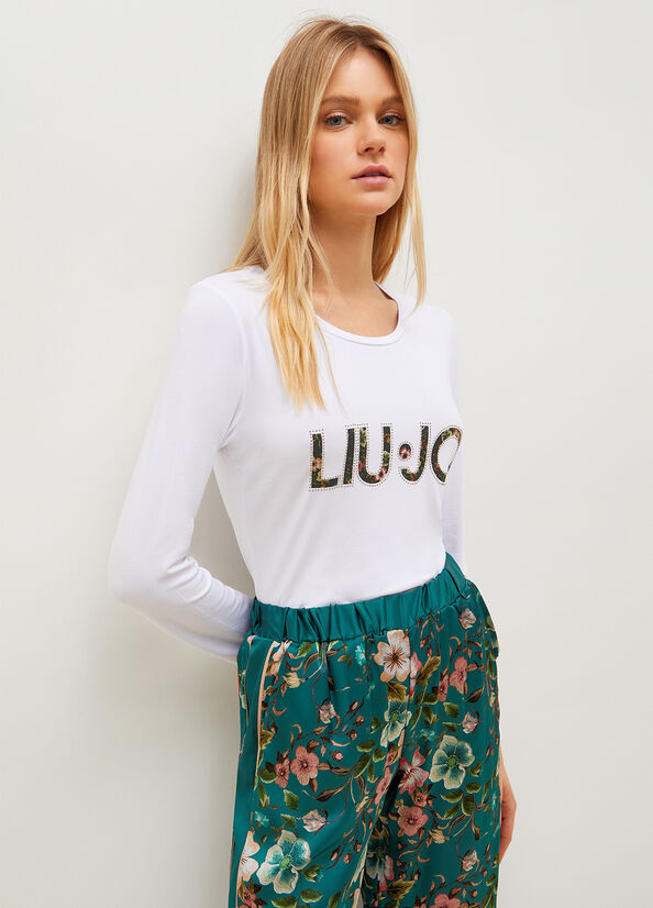 Camiseta Liu Jo With Floral Logo Mujer Blancas | ZWJ-472059