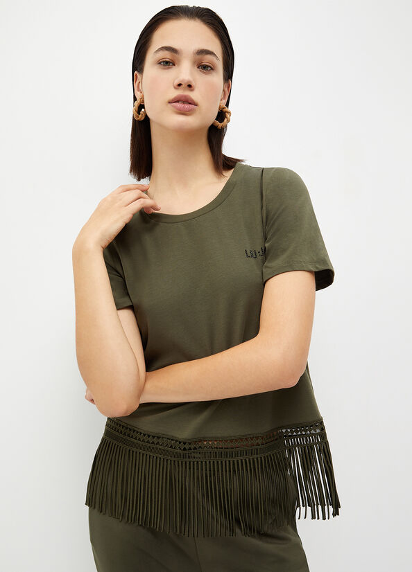 Camiseta Liu Jo With Fringes Mujer Verde Oliva | WEK-419280