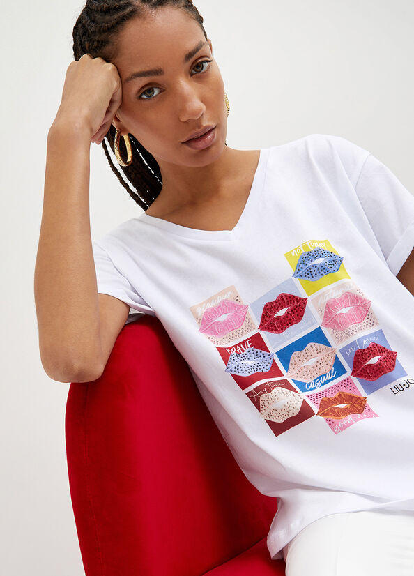 Camiseta Liu Jo With Lips Print Mujer Blancas | HRN-048579