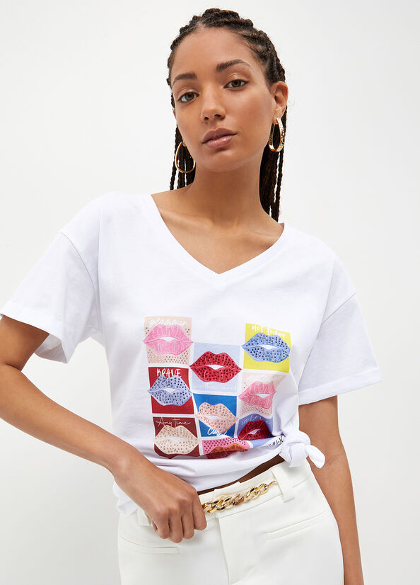 Camiseta Liu Jo With Lips Print Mujer Blancas | HRN-048579