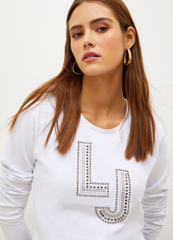 Camiseta Liu Jo With Logo And Gemstones Mujer Blancas | AQJ-516239