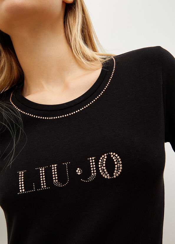 Camiseta Liu Jo With Logo And Gemstones Mujer Negras | AUX-628904