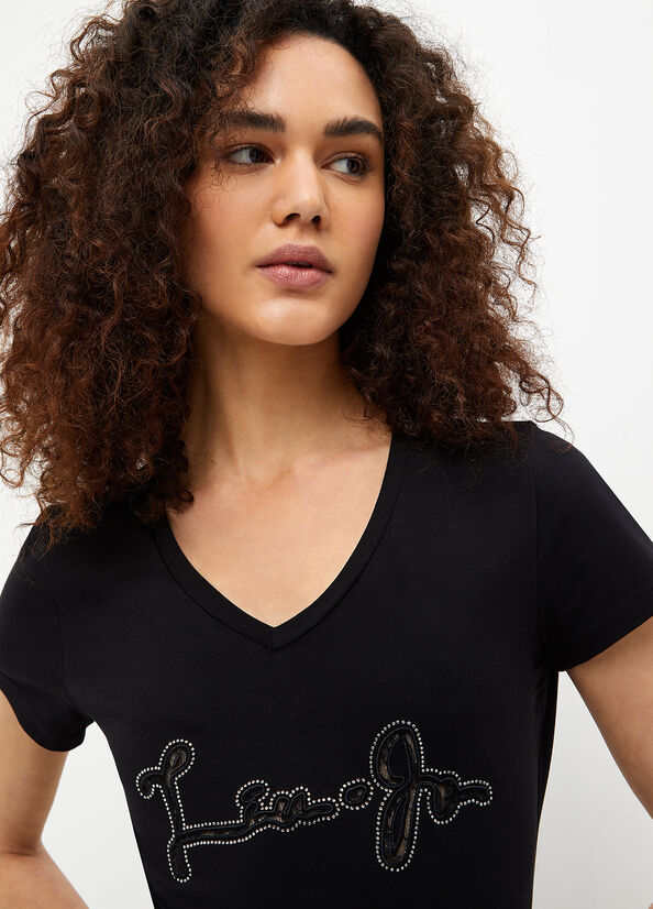 Camiseta Liu Jo With Logo And Gemstones Mujer Negras | RGT-176095