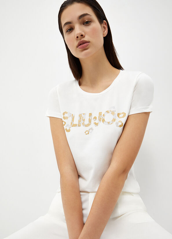 Camiseta Liu Jo With Logo And Gemstones Mujer Blancas | ZBC-807693