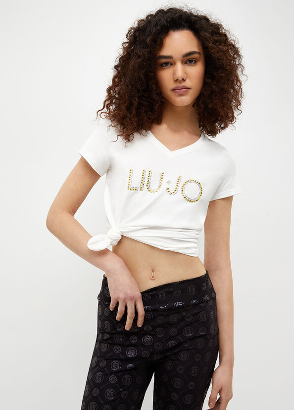 Camiseta Liu Jo With Logo And Studs Mujer Blancas | QER-830657