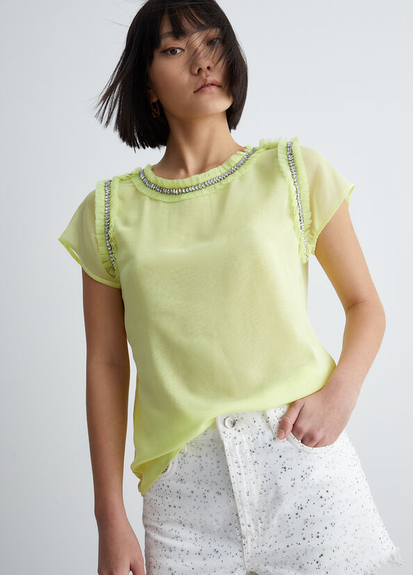 Camiseta Liu Jo With Rhinestones Mujer Amarillo | WCI-638159