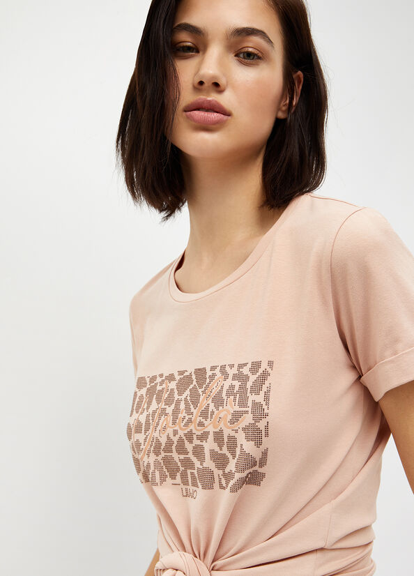 Camiseta Liu Jo With Rhinestones Mujer Coral | OUR-709546