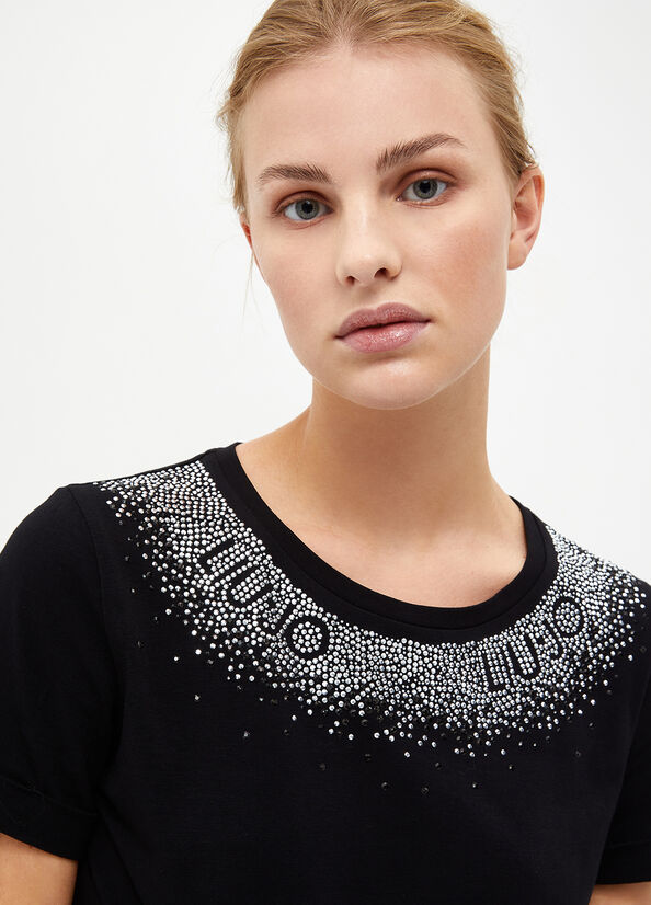 Camiseta Liu Jo With Rhinestones Mujer Negras | HEB-839701