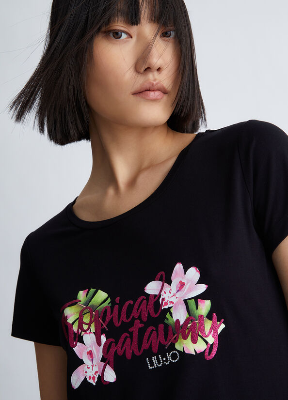 Camiseta Liu Jo With Tropical Print Mujer Negras | DFZ-435290