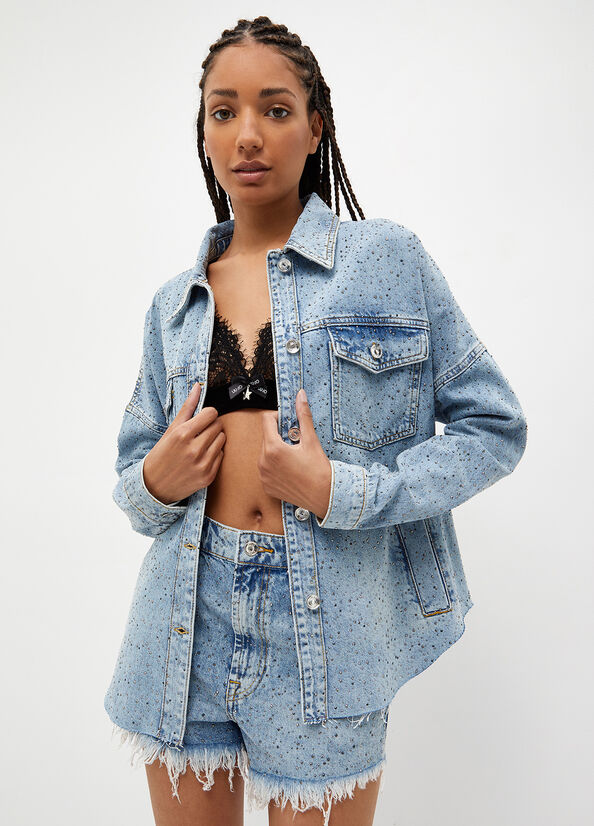 Chaquetas Liu Jo Denim With Rhinestones Mujer Azules | UGY-095326