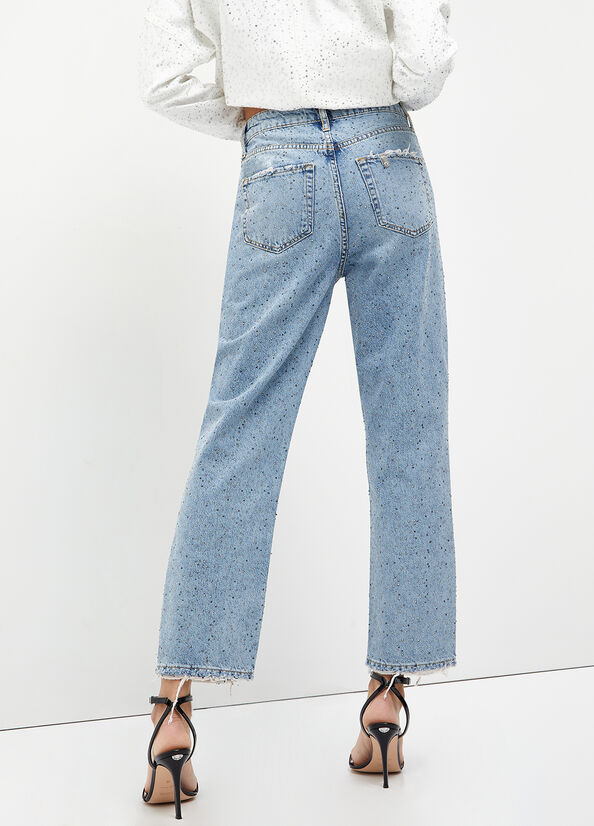 Jeans Slim Liu Jo Cropped With Diamantés Mujer Azules | TNS-105782