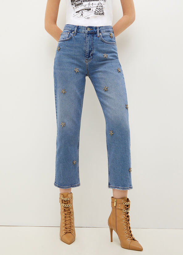 Jeans Straight Liu Jo Appliqué Cropped Mujer Azules | RHC-291057