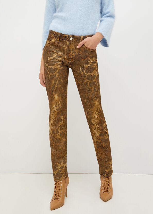 Pantalones Liu Jo Drill With Animal Print Mujer Doradas | ERB-657813