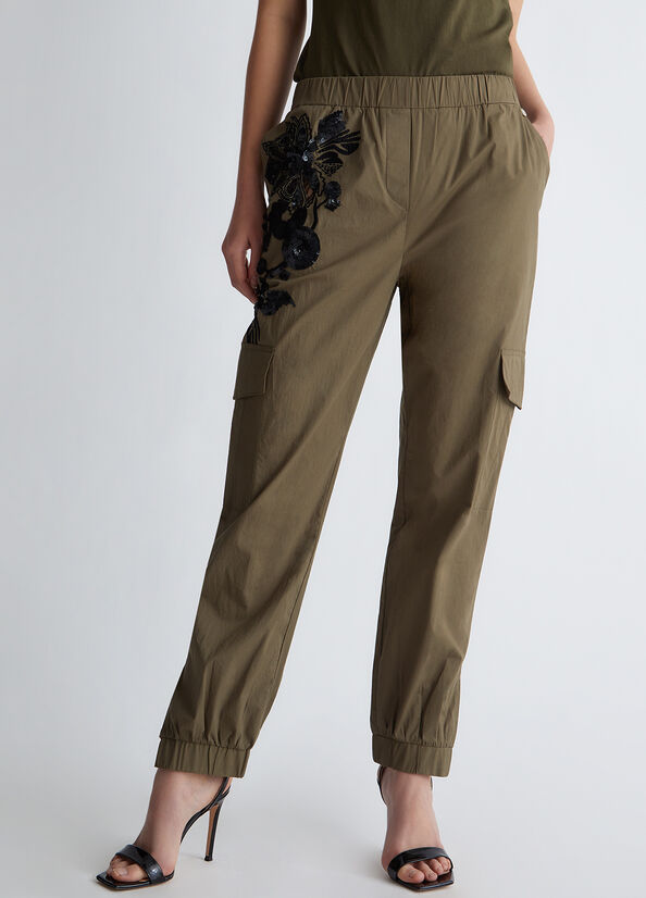 Pantalones Liu Jo With Embroidery And Sequins Mujer Verde Oliva | MPF-392156