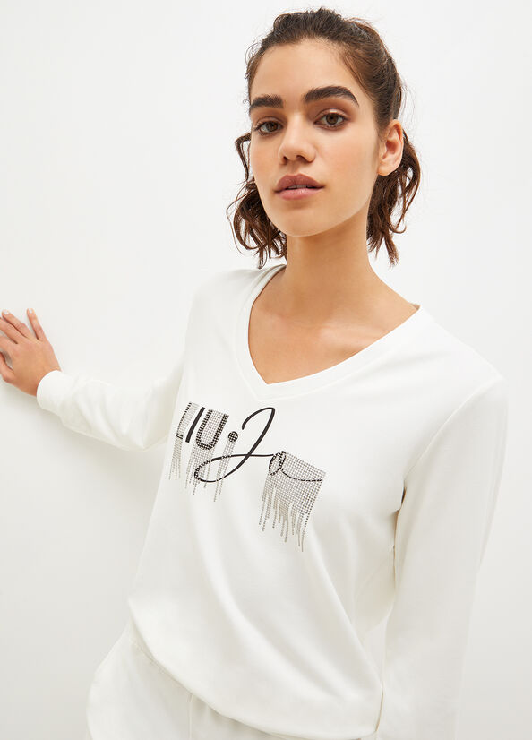 Sudaderas Liu Jo Eco-Friendly With Logo And Gemstones Mujer Blancas | DLX-321857