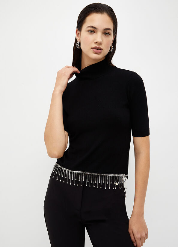 Suéteres Liu Jo Mock Turtleneck With Jewel Fringes Mujer Negras | URS-940725