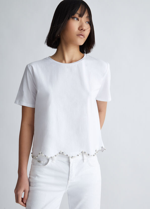 Tops Liu Jo With Pearls And Rhinestones Mujer Blancas | AQR-402163