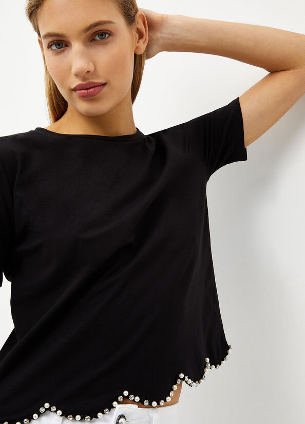 Tops Liu Jo With Pearls And Rhinestones Mujer Negras | XVN-406281