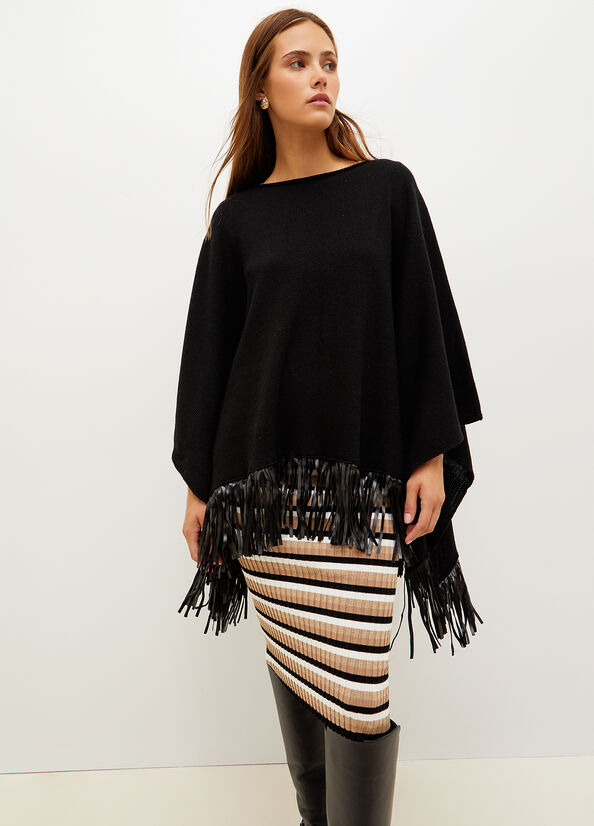 Abrigos Liu Jo Poncho With Fringes Mujer Negras | LIR-092415