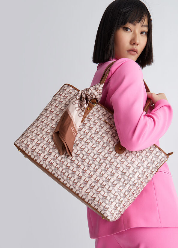 Bolsos Shopper Liu Jo With Logo And Scarf Mujer Marrones Claro | VPE-073451