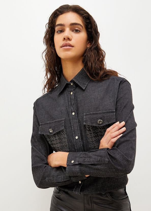 Camisas Liu Jo Denim With Gemstones Mujer Negras | ZJE-541863