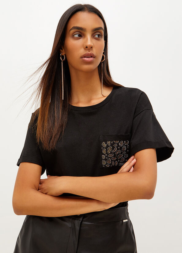 Camiseta Liu Jo Algodon With Rhinestones Mujer Negras | NEP-921347