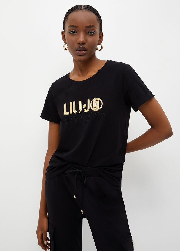 Camiseta Liu Jo Eco-Friendly With Logo Mujer Negras | QKI-764180