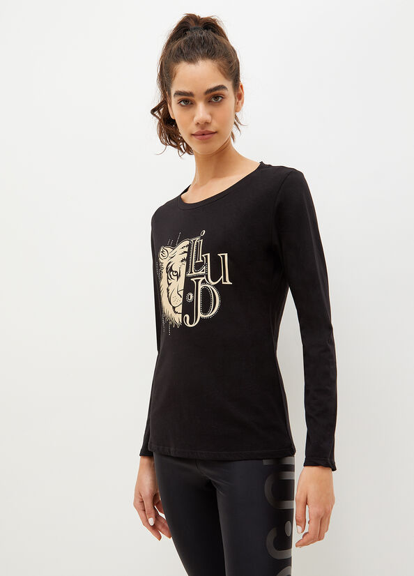 Camiseta Liu Jo Eco-Friendly With Print And Gemstones Mujer Negras | ONH-710836