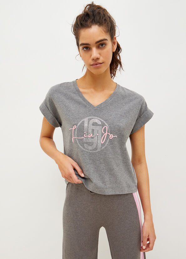 Camiseta Liu Jo Jersey With Logo Mujer Gris | DRA-183026