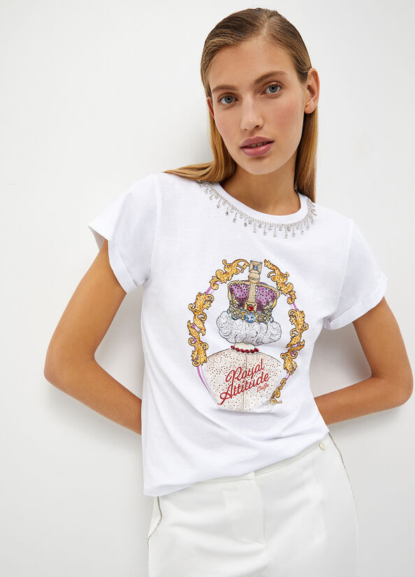 Camiseta Liu Jo With Jewel Fringes Mujer Blancas | GAF-628134