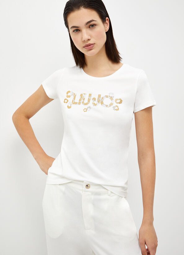 Camiseta Liu Jo With Logo And Gemstones Mujer Blancas | ZBC-807693