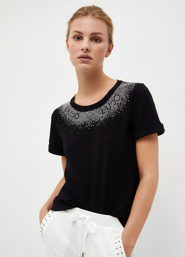 Camiseta Liu Jo With Rhinestones Mujer Negras | HEB-839701