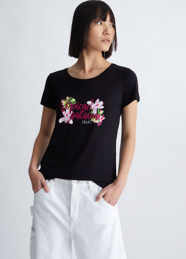 Camiseta Liu Jo With Tropical Print Mujer Negras | DFZ-435290