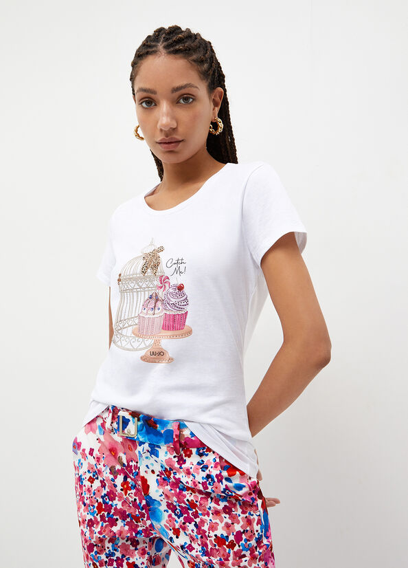 Tops Liu Jo With Cage & Cupcake Print Mujer Blancas | CAU-165048